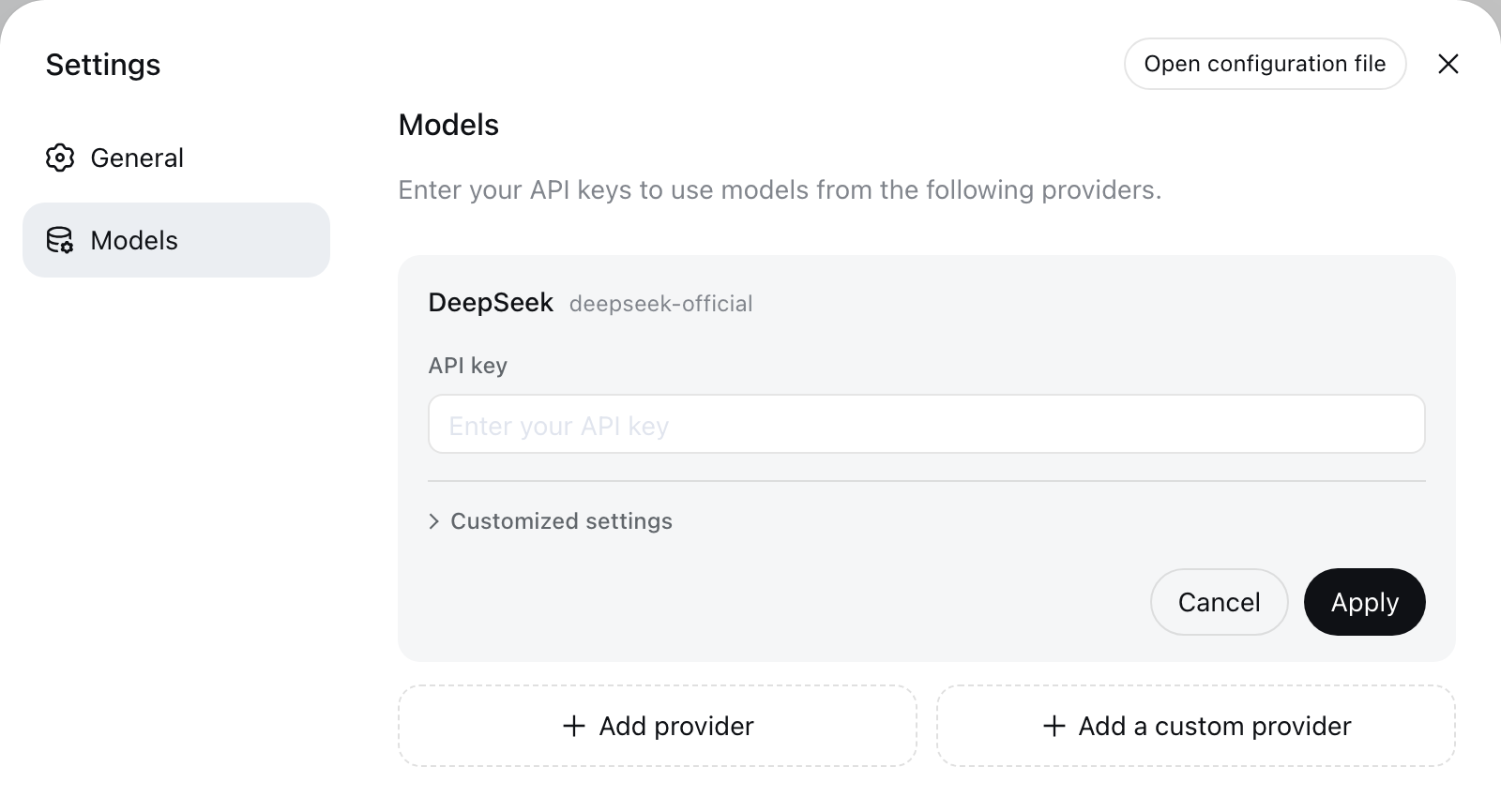 The Models page: the DeepSeek card, with Add provider and Add a custom provider below it